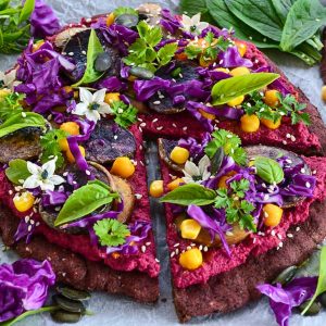 Black Bean Crust Pizza with Purple Hummus
